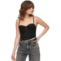Superdry para mujer. W6011751A Top tipo corsé de satén con encaje de malla negro (S), Casual, Poliamida, Sin mangas / Tirantes, out