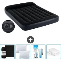 Intex Colchón inflable - Para 2 personas - 137 x 191 x 25 cm - Negro - Con bomba integrada + Sábana ajustable negra + Almohada + Fundas de almohada de molton 2 en 1 + Kit de reparación
