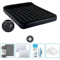 Intex Colchón inflable - Para 2 personas - 152 x 203 x 25 cm - Negro - Con bomba integrada + Sábana ajustable color antracita + Almohada + Fundas de almohada de molton 2 en 1 + Kit de reparación