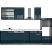 Vicco Mueble de cocina Fame-Line Azul oscuro alto brillo/antracita 300 cm con armario alto, ET Mármol, Model 49725