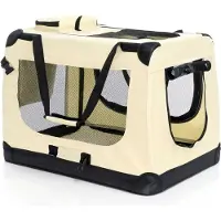 Markenlos Caja de transporte plegable para perros y gatos, tamaño XL (82x56x58 cm), robusta, ligera y segura. Incluye asa de transporte y manta. Color: beige