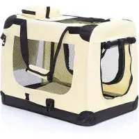 Fudajo Caja de transporte plegable para perros y gatos, modelo M (60x42x44 cm), robusta, ligera y segura. Incluye asa de transporte y manta. Color: beige