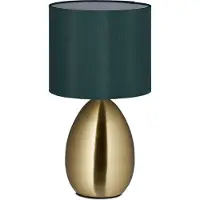 Relaxdays Lámpara de noche con control táctil, lámpara de mesa moderna, dimensiones (alto x diámetro): 34x18 cm, casquillo E14, lámpara de mesa con pantalla de tela, color dorado/verde oscuro