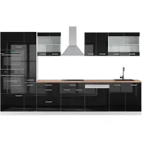 Vicco Mueble de cocina R-Line Negro brillo/blanco 350 cm con armario alto, ET Roble, Model 42765