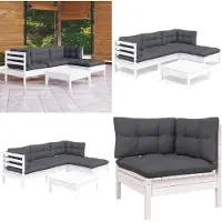 vidaXL Juego de jardín de 5 piezas con cojines, color blanco, madera de pino - Juego de jardín tipo lounge - Juegos de jardín tipo lounge - Juego de muebles de jardín - Juegos de muebles de jardín
