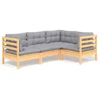 vidaXL Juego de jardín de 4 piezas con cojines grises, fabricado en madera de pino. Incluye: juego de jardín, juegos de jardín, juego de muebles de jardín, conjuntos de muebles de jardín