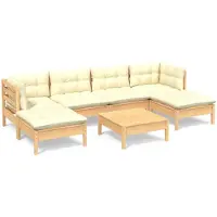 vidaXL Juego de jardín de 7 piezas con cojines color crema, fabricado en madera de pino. Incluye: juego de jardín, juegos de jardín, juego de muebles de jardín, conjuntos de muebles de jardín