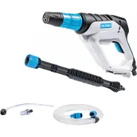 Gloria MultiJet 18V: Compacta, funciona con batería, cable de 5 metros, depósito de 10 litros, color negro, azul y blanco, presión de 24,9 bares