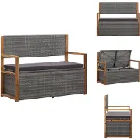 vidaXL Banco para jardín con espacio de almacenamiento, 115 cm, ratán sintético, madera maciza de acacia, color gris