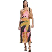 Desigual , Vestido midi efecto arrugado, Poliester, Rojo, L