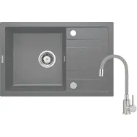 Deante Fregadero de granito de una sola cuba, gris, con grifo y escurridor – Acabado mate de granito, reversible, fácil de instalar, antibacteriano, para armarios de 500 mm o más
