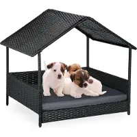 Relaxdays Cama para perros con techo, dimensiones: 81 x 90 x 68 cm, fabricada en polirratán, cama elevada para perros con cojín, para uso en exteriores, color antracita