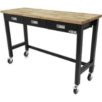 HBM banco de trabajo 152 cm con 3 cajones, móvil, encimera de madera maciza, negro