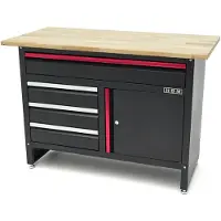 HBM Banco de trabajo de 120 cm con 4 cajones, 1 puerta y tapa de madera en negro