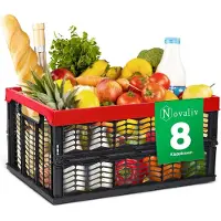 Novaliv : Cajas plegables, estables. Juego de 8 cajas de 30 litros, rojas y negras. Cestas, cajas de transporte, cajas plegables, cestas de compra, cestas de almacenamiento, ideales para la cocina