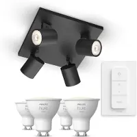 Philips Hue Pack: X4 Focos Runner (negro) + 4 Bombillas Gu10 Luz Blanca Cálida + Mando