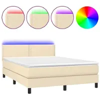 Syfax Cama box spring colchón y luces LED tela crema 140x190 cm