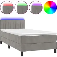 Syfax Cama box spring colchón y LED terciopelo gris claro 100x200 cm