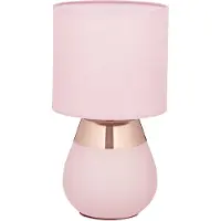 Relaxdays Lámpara de mesa , con base de metal, pantalla de tela, casquillo E14, dimensiones: 32 x 18 cm, lámpara de noche con cable, ideal para el dormitorio, color rosa/cobre