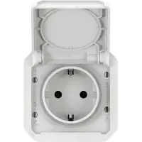 Legrand PLEXO New, enchufe con toma de tierra, terminales de conexión, grado de protección EB, IP44, IK08, color blanco ultra, referencia 069640L