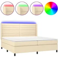 Syfax Cama box spring colchón y luces LED tela crema 200x200 cm