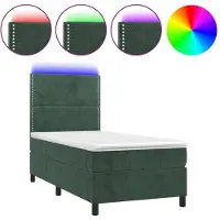 Syfax Cama box spring colchón y LED terciopelo verde oscuro 100x200cm