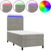 Syfax Cama box spring colchón y LED terciopelo gris claro 100x200 cm