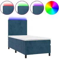 Syfax Cama box spring colchón y LED terciopelo azul oscuro 90x200 cm