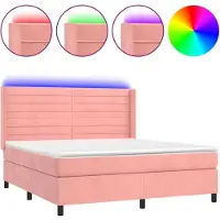 Syfax Cama box spring colchón y LED terciopelo rosa 180x200 cm