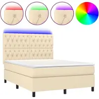 Syfax Cama box spring colchón y luces LED tela crema 140x190 cm
