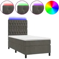 Syfax Cama box spring colchón y LED terciopelo gris oscuro 80x200 cm