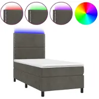 Syfax Cama box spring colchón y LED terciopelo gris oscuro 90x200 cm