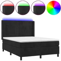Syfax Cama box spring colchón y LED terciopelo negro 140x200 cm