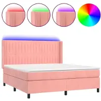 Syfax Cama box spring colchón y LED terciopelo rosa 180x200 cm