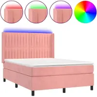Syfax Cama box spring colchón y LED terciopelo rosa 140x200 cm