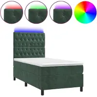 Syfax Cama box spring colchón y LED terciopelo verde oscuro 100x200cm