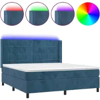 Syfax Cama box spring colchón y LED terciopelo azul oscuro 160x200 cm