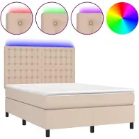 Syfax Cama box spring colchón LED cuero sintético capuchino 140x200cm