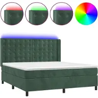 Syfax Cama box spring colchón y LED terciopelo verde oscuro 160x200cm