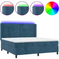 Syfax Cama box spring colchón y LED terciopelo azul oscuro 160x200 cm