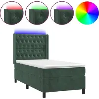 Syfax Cama box spring colchón y LED terciopelo verde oscuro 100x200cm