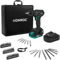 Vonroc Atornillador sin cable PRO 20V – Motor brushless – 40Nm | Incluye batería 2.0Ah, cargador y 46 accesorios en maletín premium