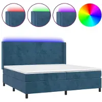 Syfax Cama box spring colchón y LED terciopelo azul oscuro 200x200 cm