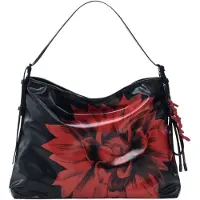 Desigual , Bolso hombro flor brillante mediano, Poliuretano, Negro, U