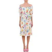 Moschino Off-the-shoulder Dress In Broderie Anglaise Flower Chiné Whi Talla: 38 | Vestidos Midi Outlet | Mujer