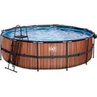 Exit Piscina Wood ø488x122cm con bomba de filtrado de arena y cúpula y bomba de calor, color marrón