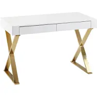 Wohnling Escritorio , 118x76x57 cm, madera con acabado blanco brillante, patas de metal doradas, diseño moderno. Mesa para ordenador, mesa de escritorio, consola con cajones