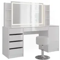 Vicco Tocador Sherry Blanco/Blanco alto brillo 158.2 cm con espejo LED y taburete, Model 57667