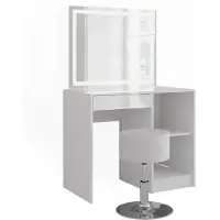 Vicco Tocador Sherry Blanco/Blanco alto brillo 89.8 cm con espejo LED y taburete, Model 57681