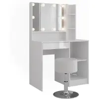 Vicco Tocador Sherry Blanco/Blanco alto brillo 89.8 cm con espejo y taburete, Model 57683